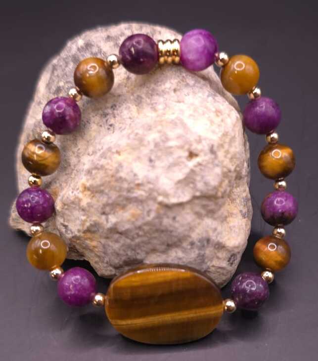 Bracelet de Cohérence® - Oeil de tigre, Or, Kunzite foncée, Oeil de tigre