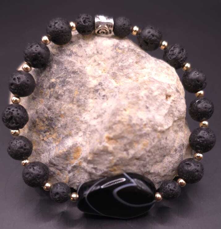 Bracelet de Cohérence® - Agate de Botswana teintée noire, Or, Pierre de lave