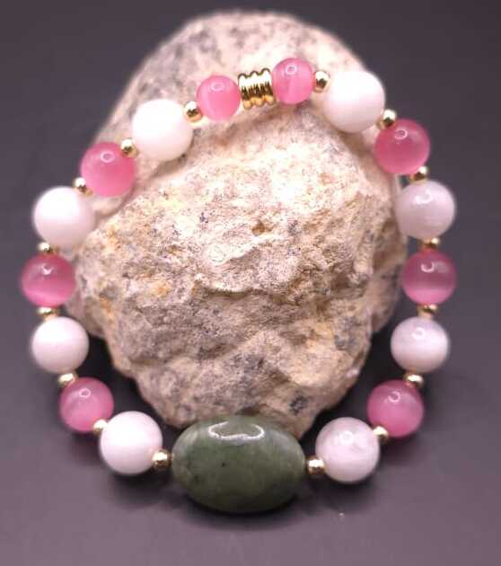 Bracelet de Cohérence® - Opale verte, Or, Pierre de Lune, Oeil de chat rose