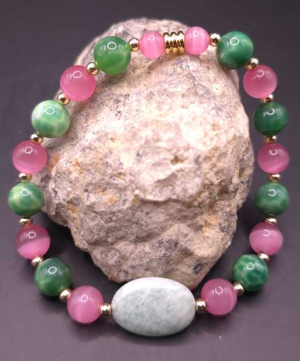 Bracelet de Cohérence® - Amazonite, Or, Agate paon, Oeil de chat rose