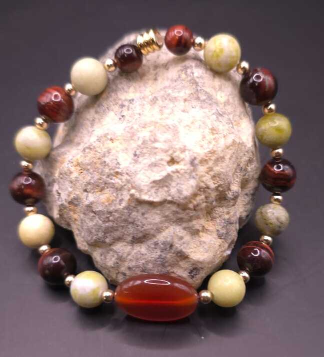 Bracelet de Cohérence® - Agate route, Or, Serpentine, Oeil de taureau