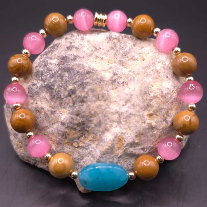 Bracelet de Cohérence® - Amazonite bleue, Or, Oeil de chat rose, Bois fossile