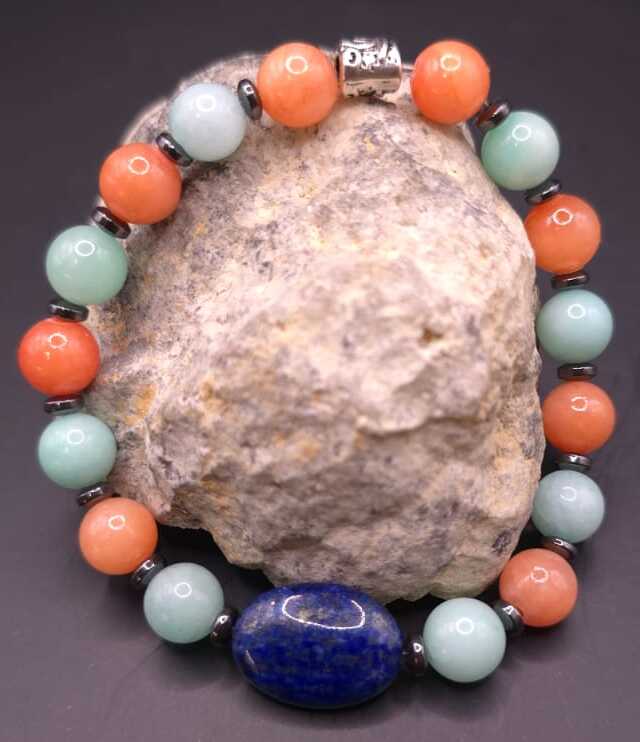 Bracelet de Cohérence® - Lapis Lazuli, Hématite, Amazonite, Jade teintée corail