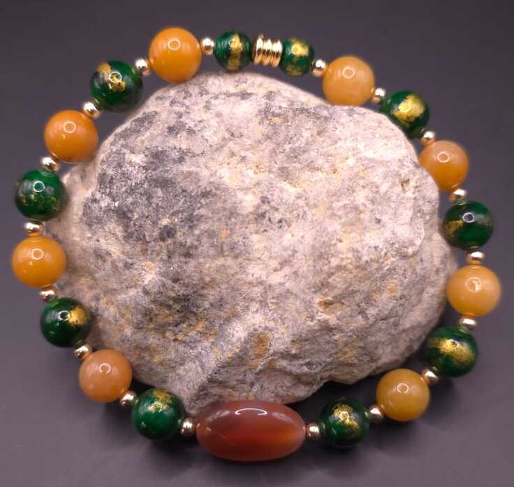 Bracelet de Cohérence® - Cornaline, Or, Jade Marshan feuille d'or teintée verte, Jade cire d'abeille