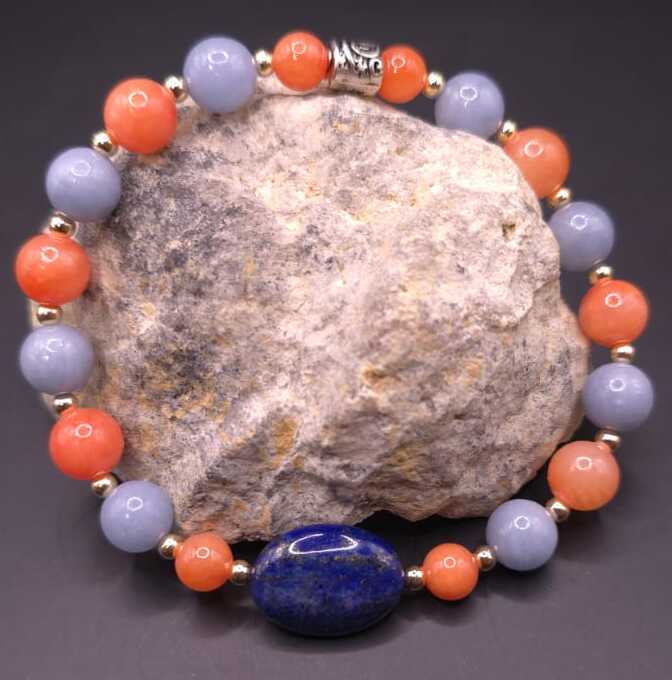 Bracelet de Cohérence® - Lapis Lazuli, Or, Aigue Marine, Jade teintée corail