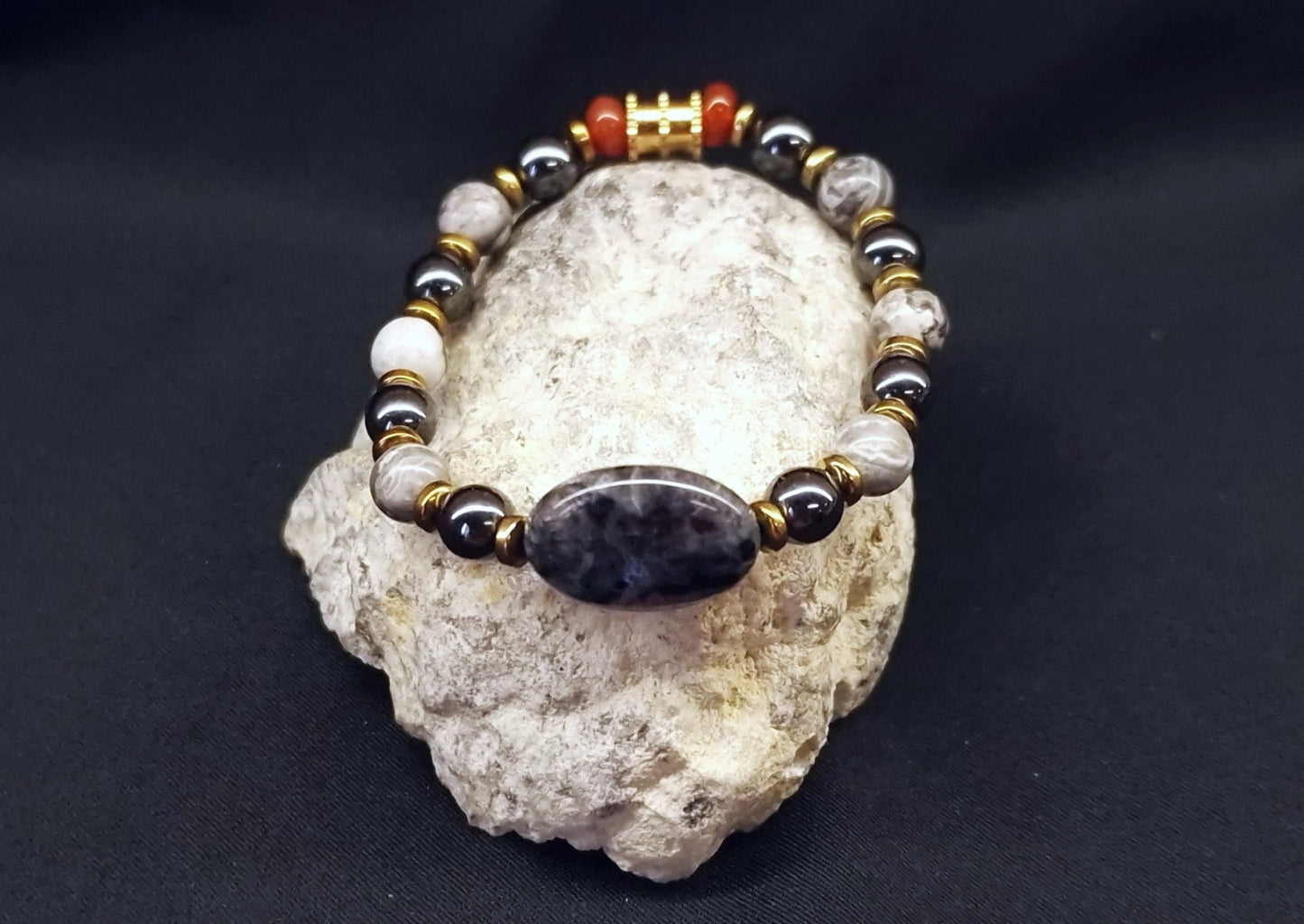 Bracelet de Cohérence® Enfants - Labradorite noire, Hématite, Jaspe Picasso, Cornaline