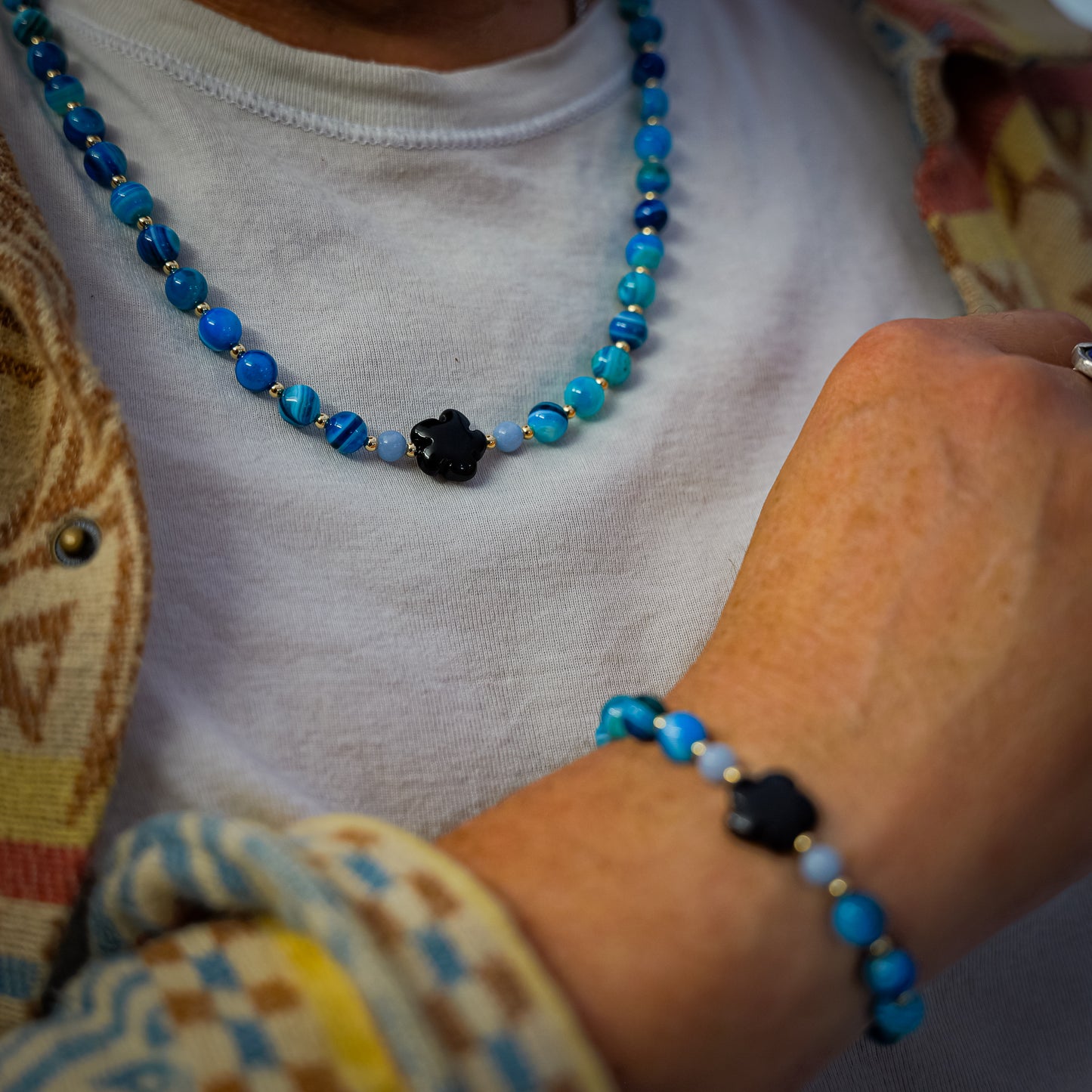 Collier de Cohérence® - Agate blue océan, aigue-marine, perle or rempli 14K, fleur d'obsidienne