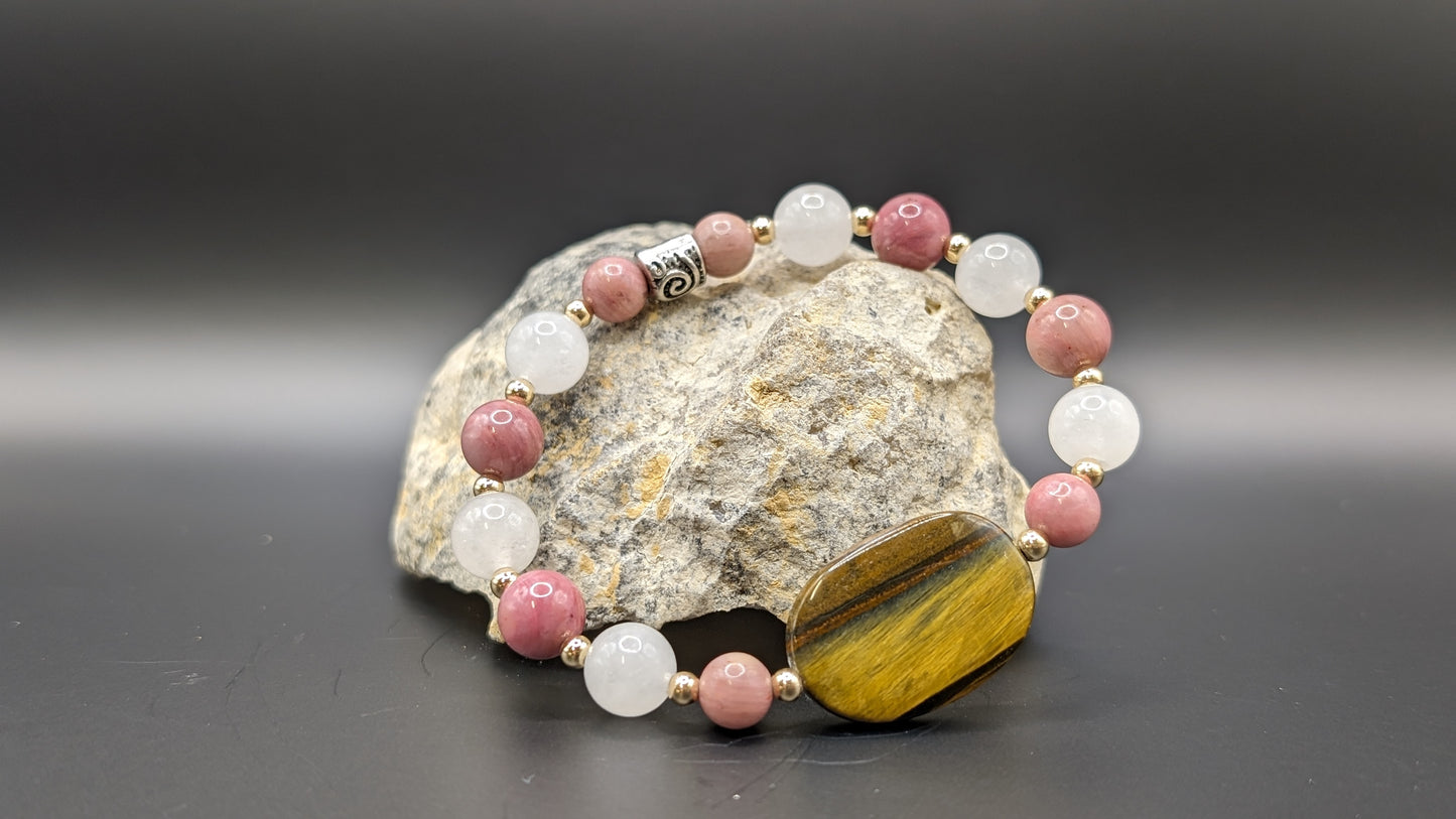 Bracelet de Cohérence® - Oeil de Tigre, Or, Rhodonite rose, Jade Blanche