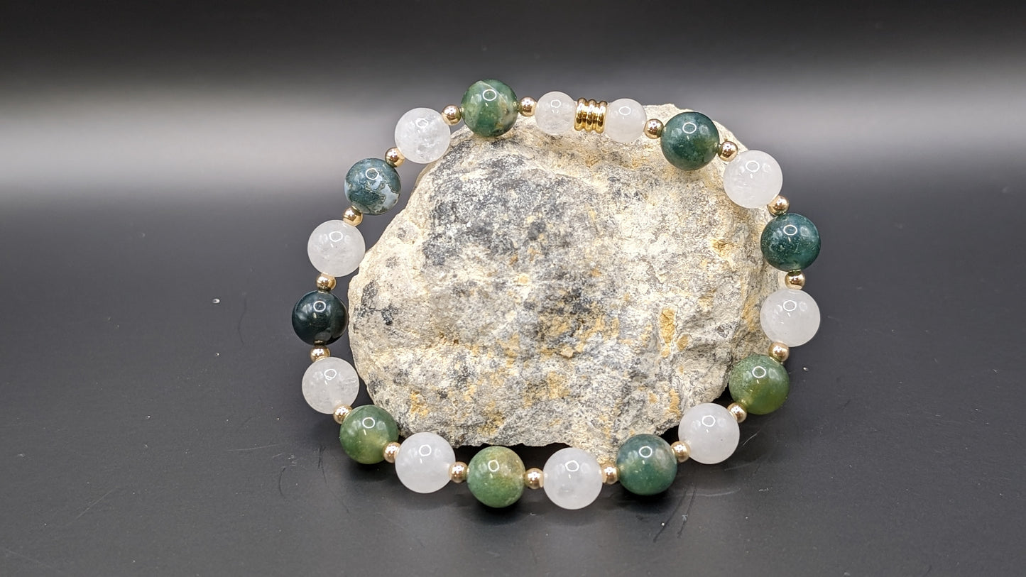 Pulsera Cohérence® - Ágata musgosa, oro, jade blanco,