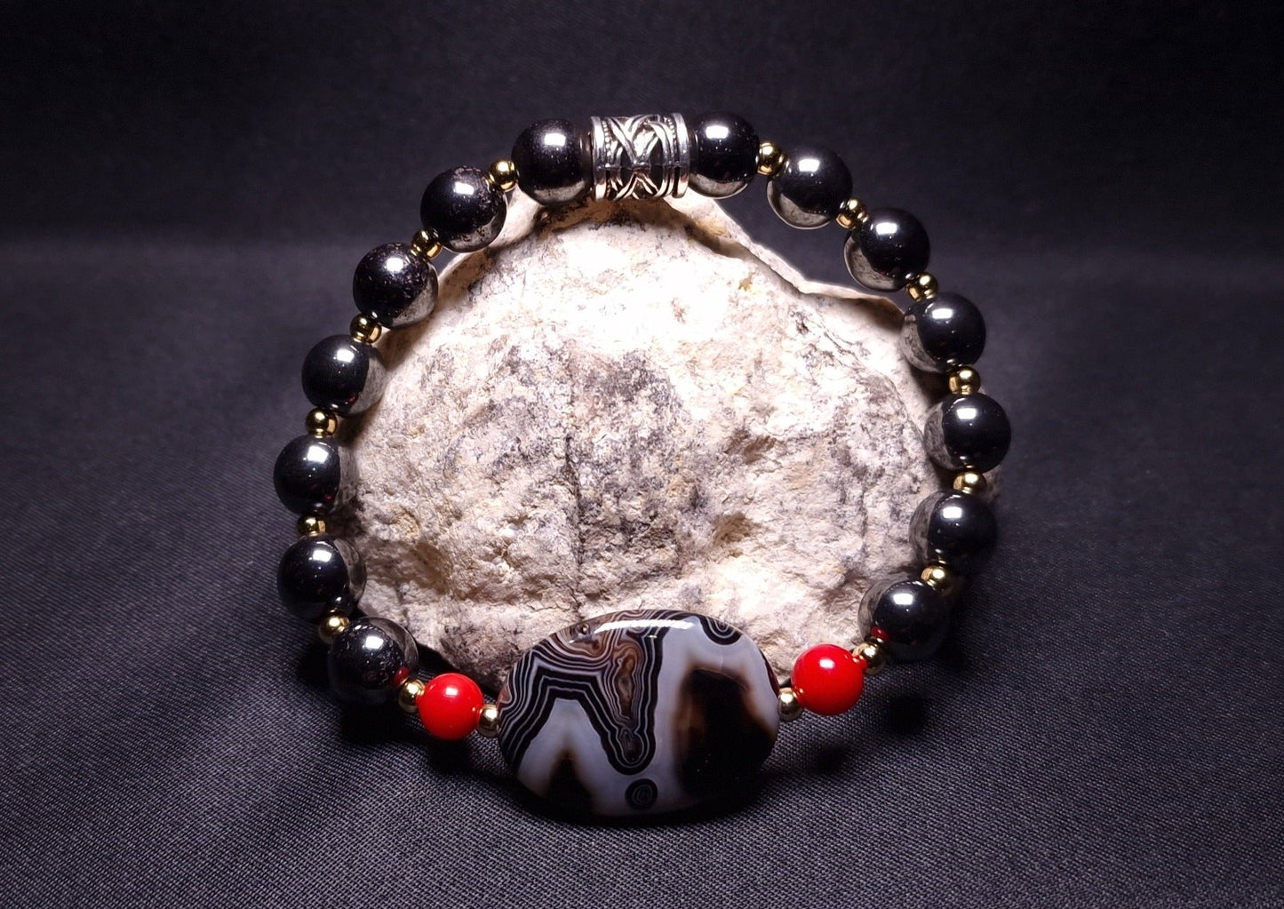 Bracelet de Cohérence® - Agate naturelle, Or, Hématite, Bambou de mer teinté