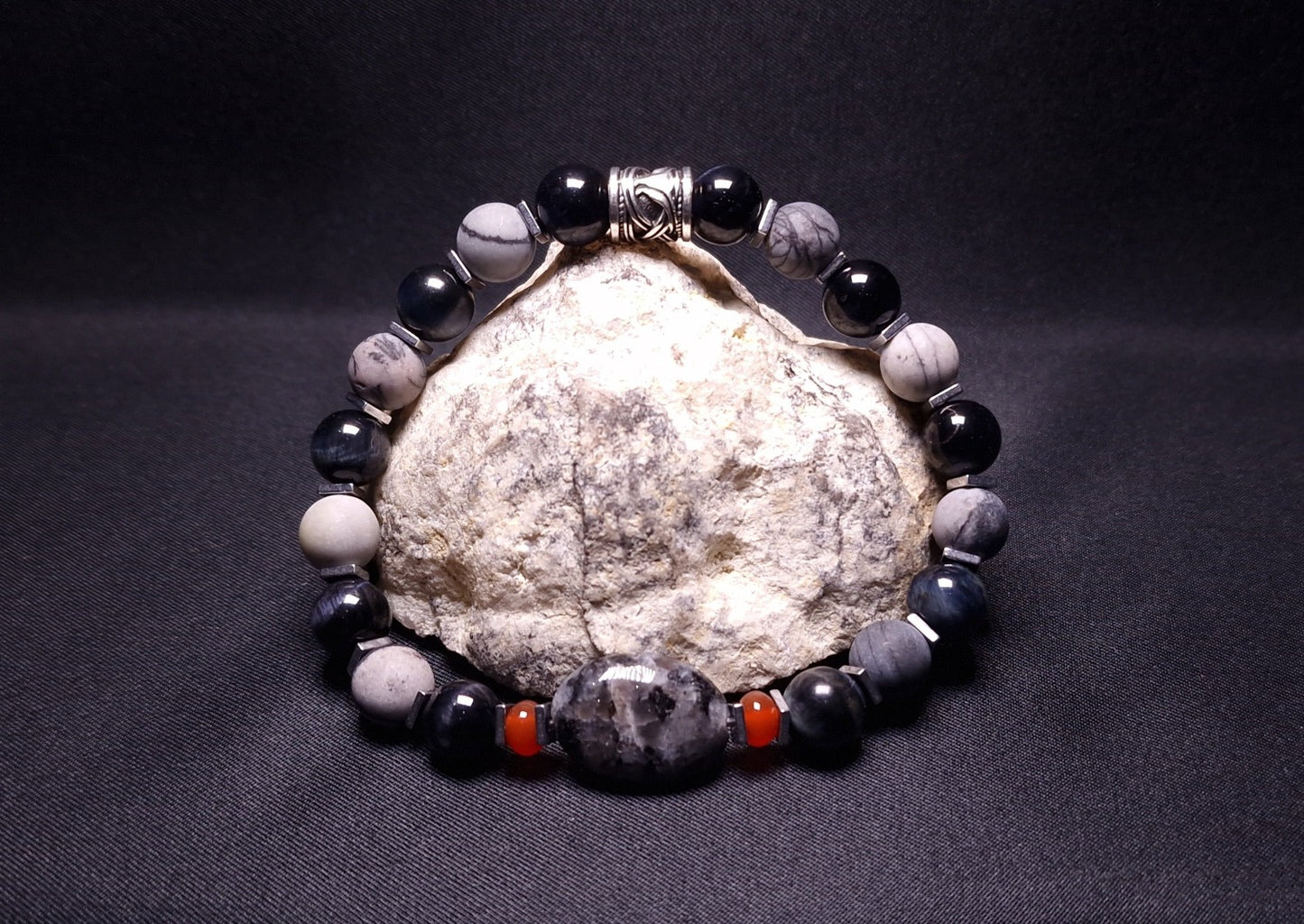 Pulsera Cohérence® - Labradorita negra, Jaspe Picasso, Obsidiana, Hematita, Cornalina