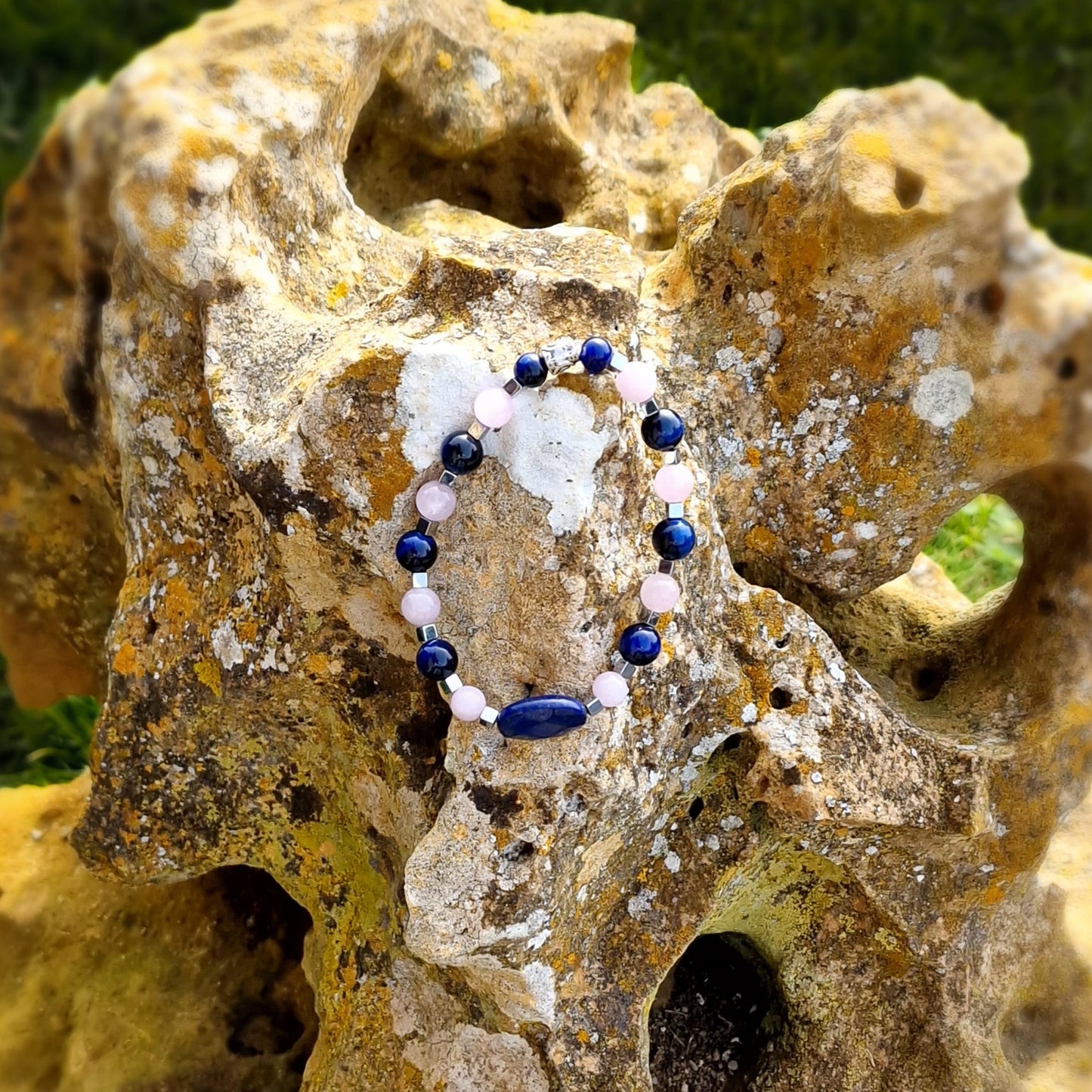 Bracelet de Cohérence® - Kunzite rose, agate oeil de tigre bleu, hématite carrée, lapis lazuli faceté