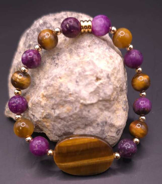 Bracelet de Cohérence® - Oeil de tigre, Or, Kunzite foncée, Oeil de tigre