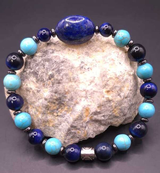 Bracelet de Cohérence® - Lapis Lazuli, Hématite, Howlite turquoise, Oeil de tigre bleu foncé