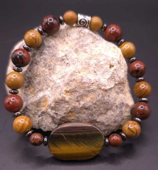 Bracelet de Cohérence® - Oeil de tigre, Or, Bois fossile, Obsidienne acajou