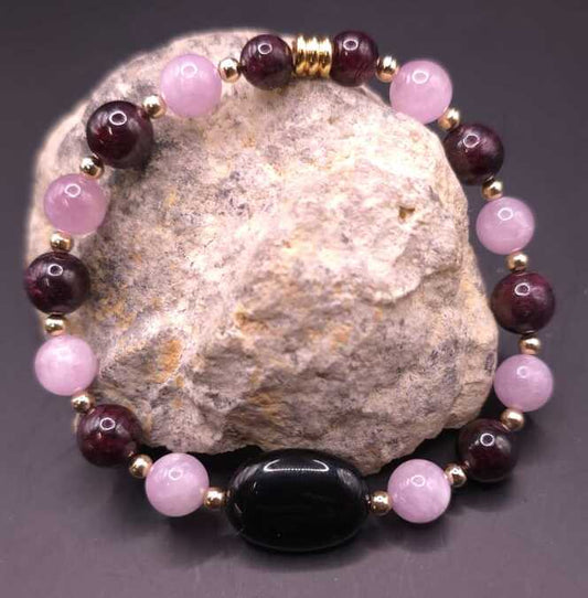 Bracelet de Cohérence® - Onyx noir, Or, Grenat, Kunzite claire