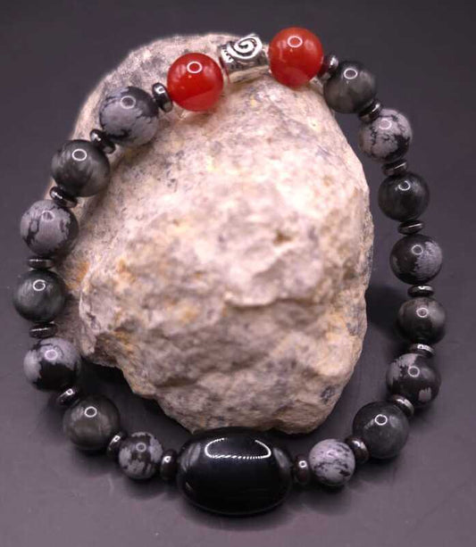 Bracelet de Cohérence® - Onyx noir, Hématite, Obsidienne flocon de neige, Obsidienne oeil de faucon, Cornaline rouge