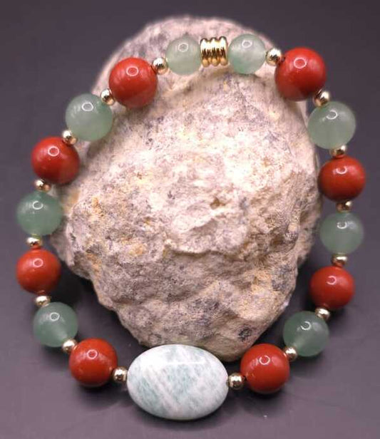 Bracelet de Cohérence® - Amazonite, Or, Jaspe rouge, Aventurine verte