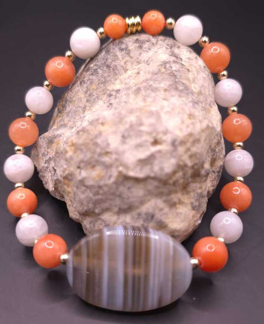 Bracelet de Cohérence® - Agate du Botswana claire, Or, Pierre de Lune, Jade corail