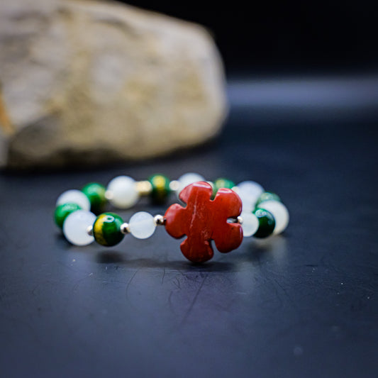 Bracelet de Cohérence® - Jade blanche, Agate verte et or, perle remplie or 14K, fleur jaspe rouge