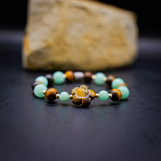 Bracelet de Cohérence® - Oeil de tigre, Amazonite, perle Or 14k et fleur oeil de tigre