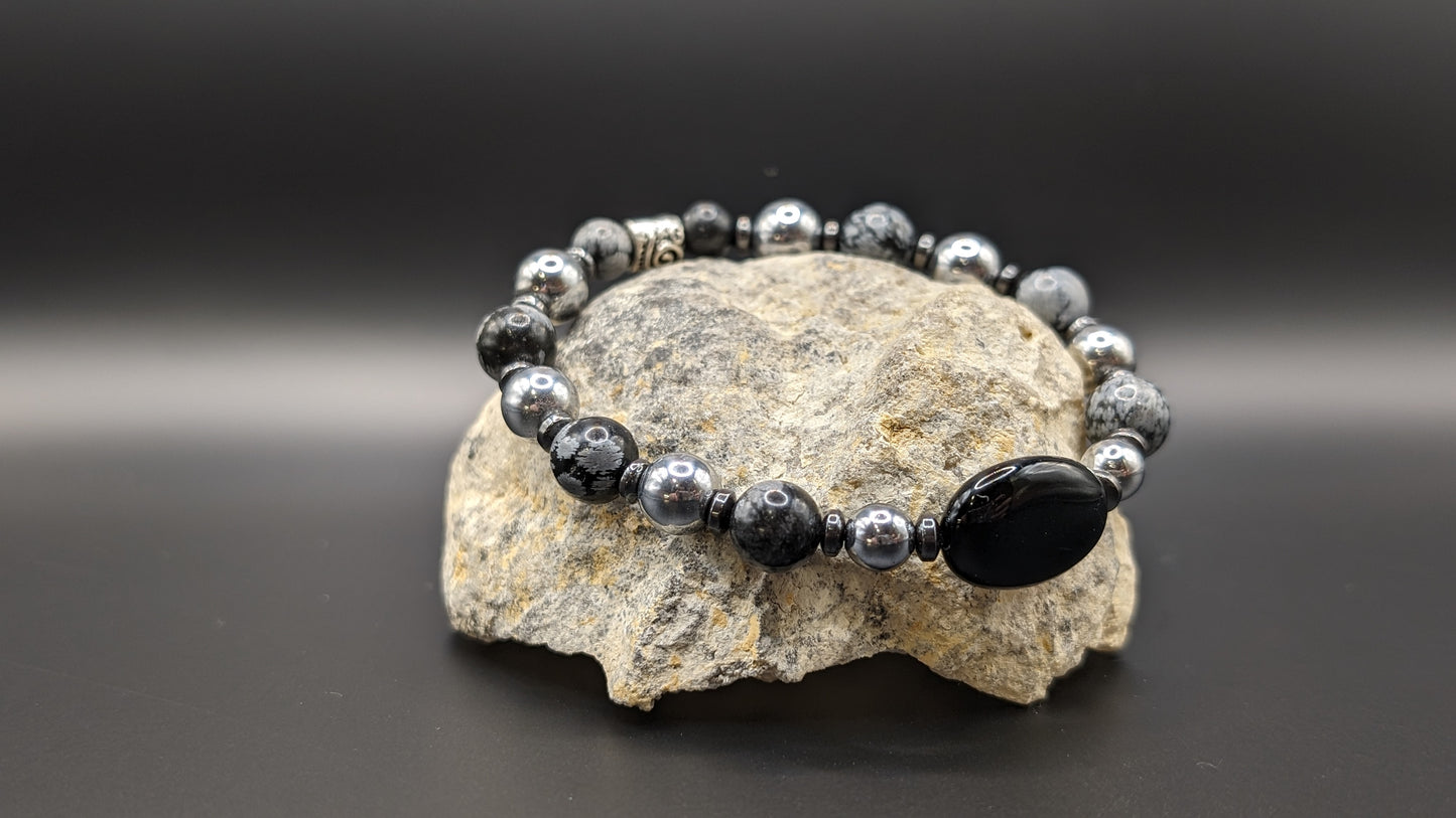 Bracelet de Cohérence® - Onyx noir, Hématite, Obsidienne flocon de neige, Hématite argentée