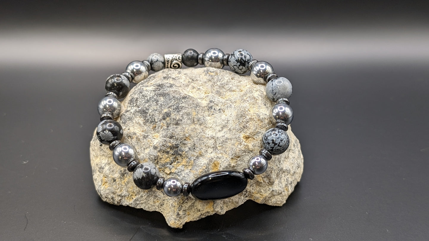 Bracelet de Cohérence® - Onyx noir, Hématite, Obsidienne flocon de neige, Hématite argentée