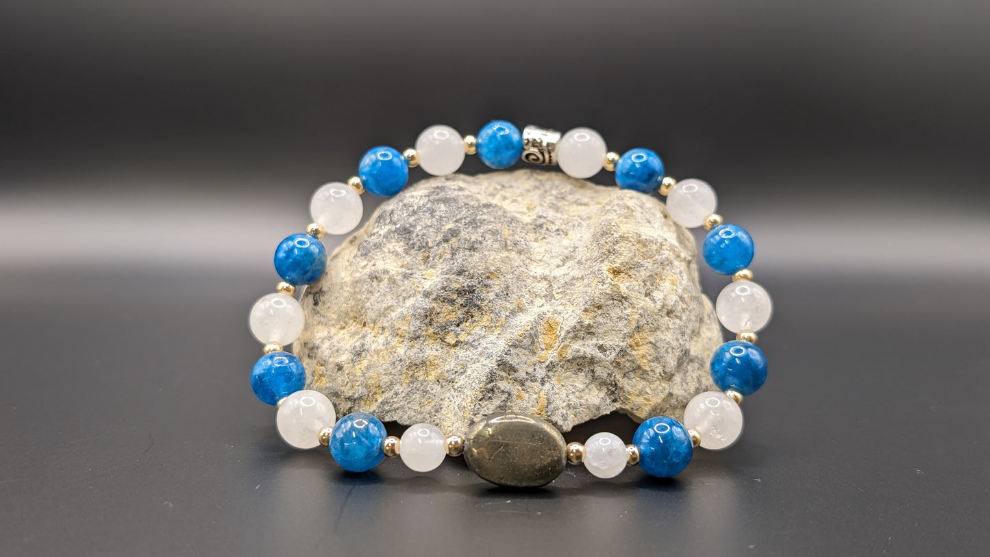 Bracelet de Cohérence® - Pyrite, Or, Apatite bleue, Jade blanche