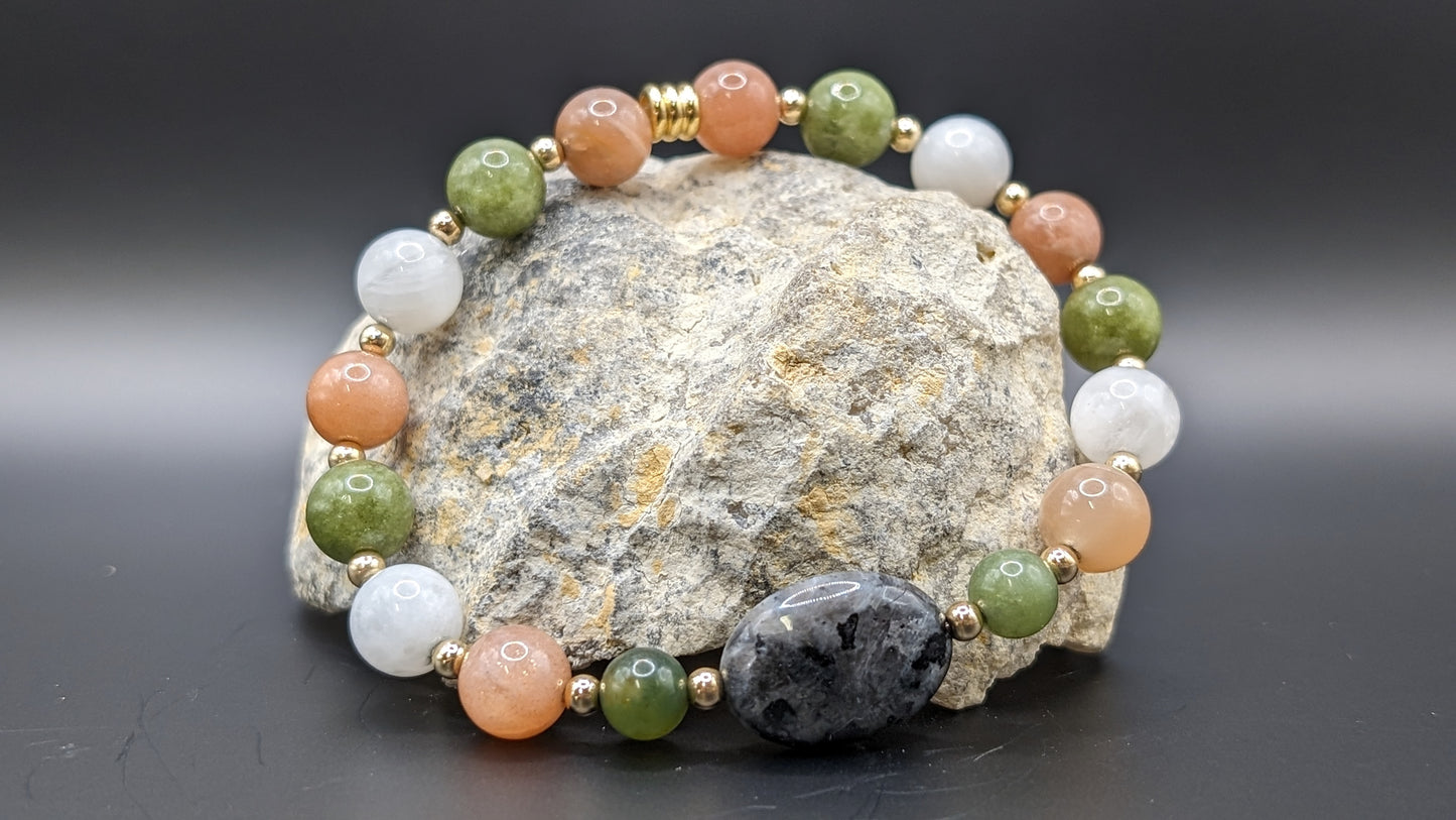 Bracelet de Cohérence® - Labradorite, Or, Pierre de soleil, Pierre de lune, Jade de Birmanie